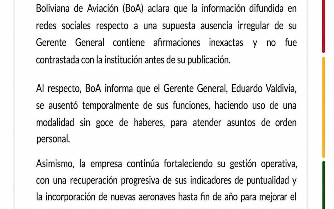 BoA ADMITE LICENCIA DE SU GERENTE GENERAL PERO NIEGA ACUSACIONES DE SALIDA IRREGULAR
